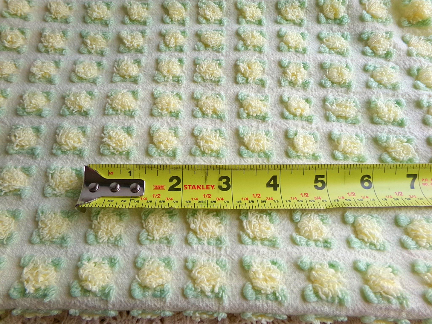 rosebud chenille fabric in radiant lemon chiffon, 18" x 25" piece of vintage quilt material with little yellow rosebuds