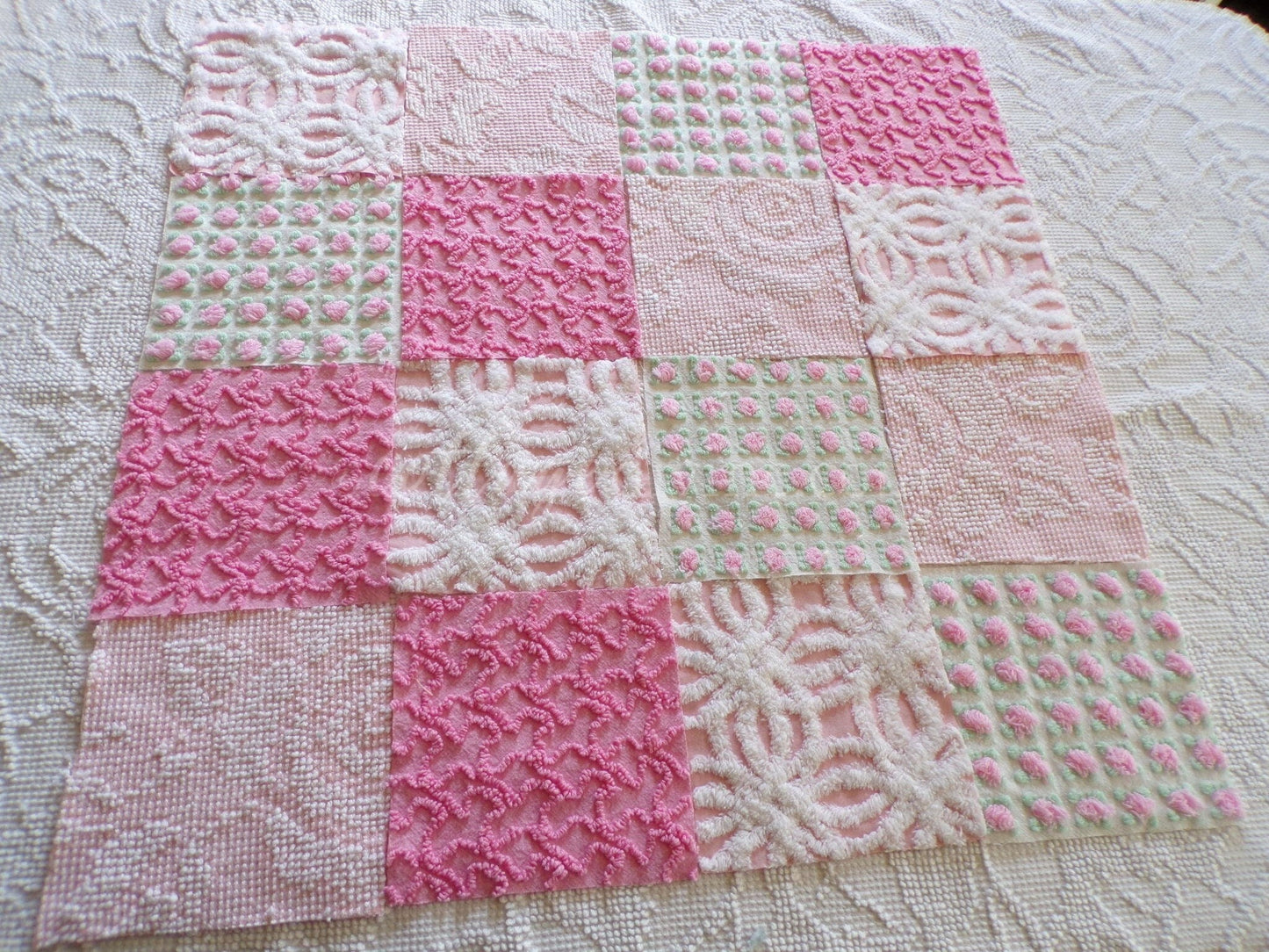 Must Love Pink Chenille Quilt Squares Set from Vintage Bedspread Fabric, 16 Blocks, 6" inch