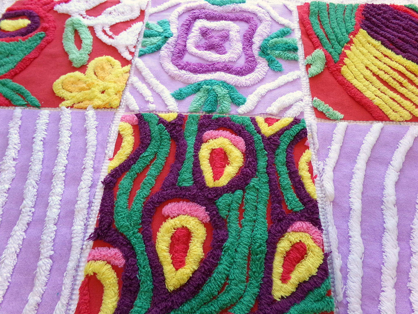 sassy 'n sweet chenille fabric squares, 7.5" vintage quilt blocks in lavender & rich red, set of 6 for sewing, crafts, quilting