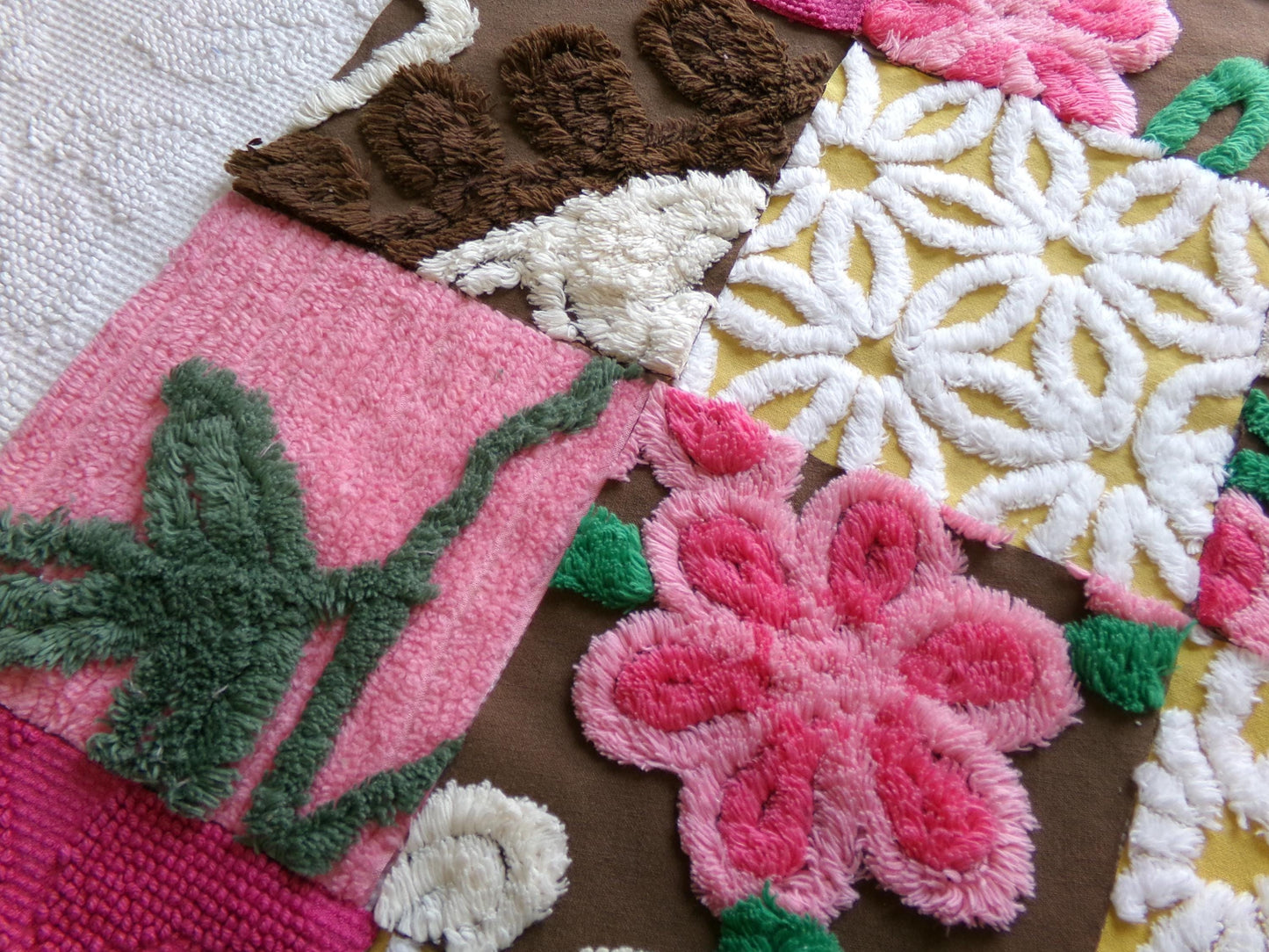 vintage chenille fabric squares, "fairy trail" set of 16 chocolate & pink 6" quilt blocks for quilting, crafts, sewing