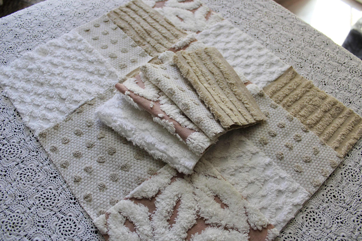 Chenille Fabric Squares, Neutral Sand, Tan & White Craft Square Set from Vintage Bedspread Fabric, 16 Blocks, 6" x 6" inch