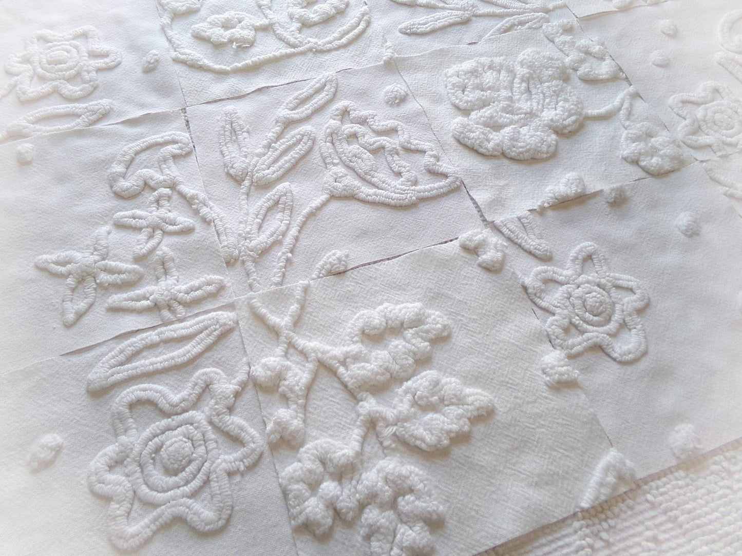 Vintage Chenille Fabric Squares in Winter Garden White Florals from Vintage Bedspread Fabric, Set of 16 Quilt Blocks, 6" x 6" inch