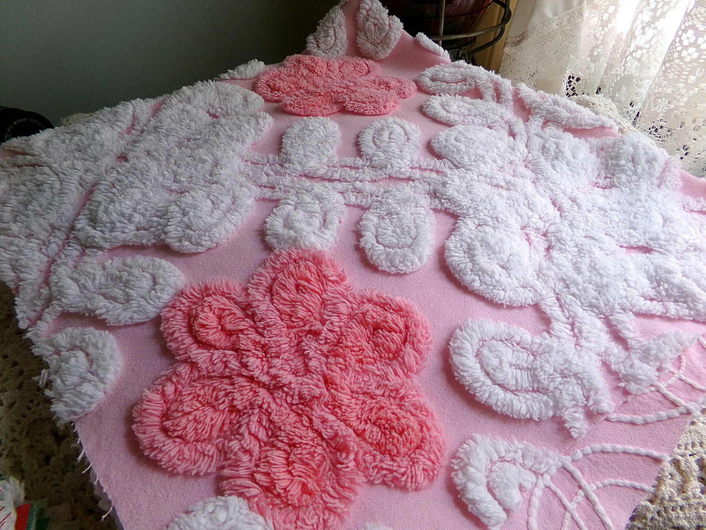 cupcake frosting pink chenille fabric, plush floral curlicue swirls, 22" x 25" inch piece of vintage material for sewing pillows & quilts
