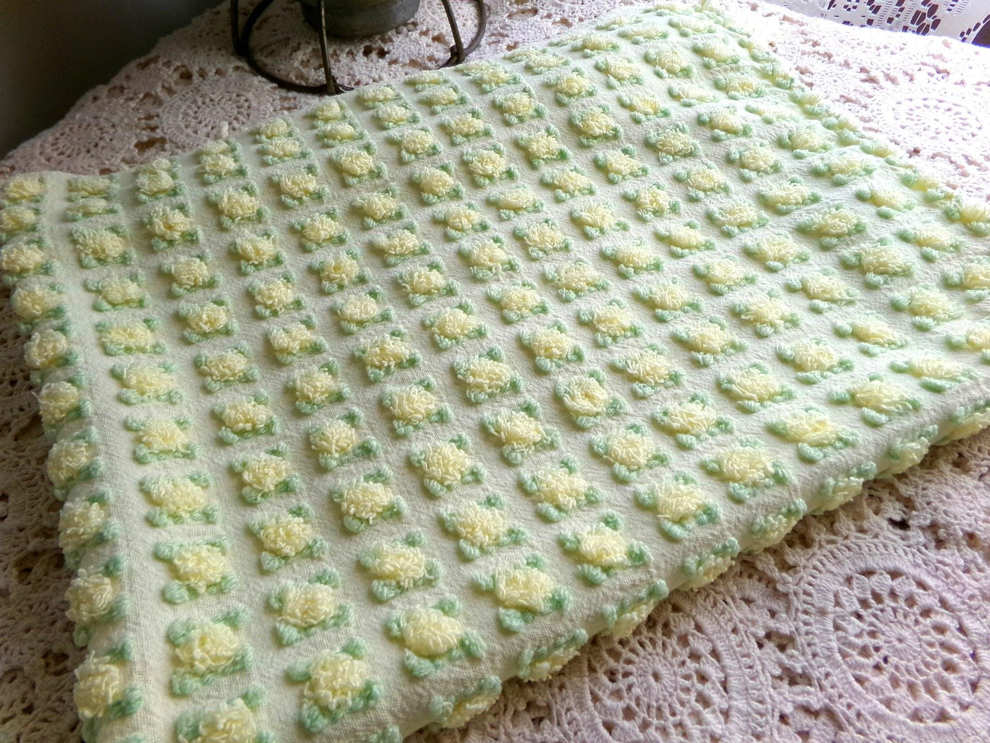 rosebud chenille fabric in radiant lemon chiffon, 18" x 25" piece of vintage quilt material with little yellow rosebuds