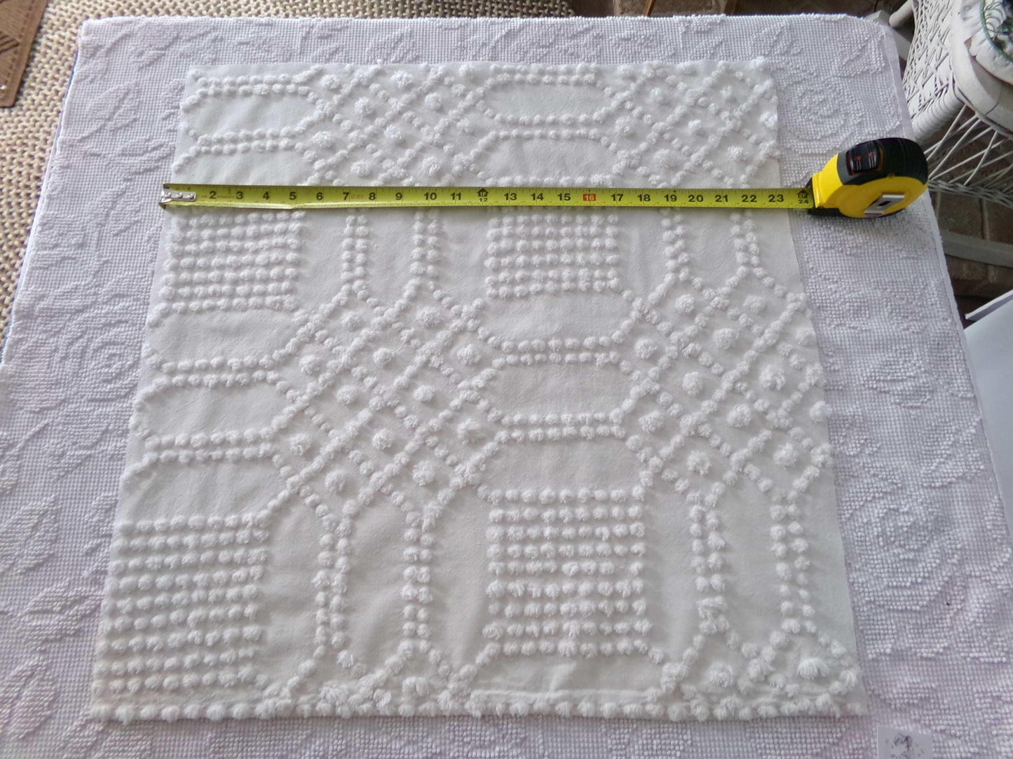 contemporary cosmic white vintage chenille fabric, intricate geometric handtufted sewing material, 22" x 23" piece great for pillows, quilts