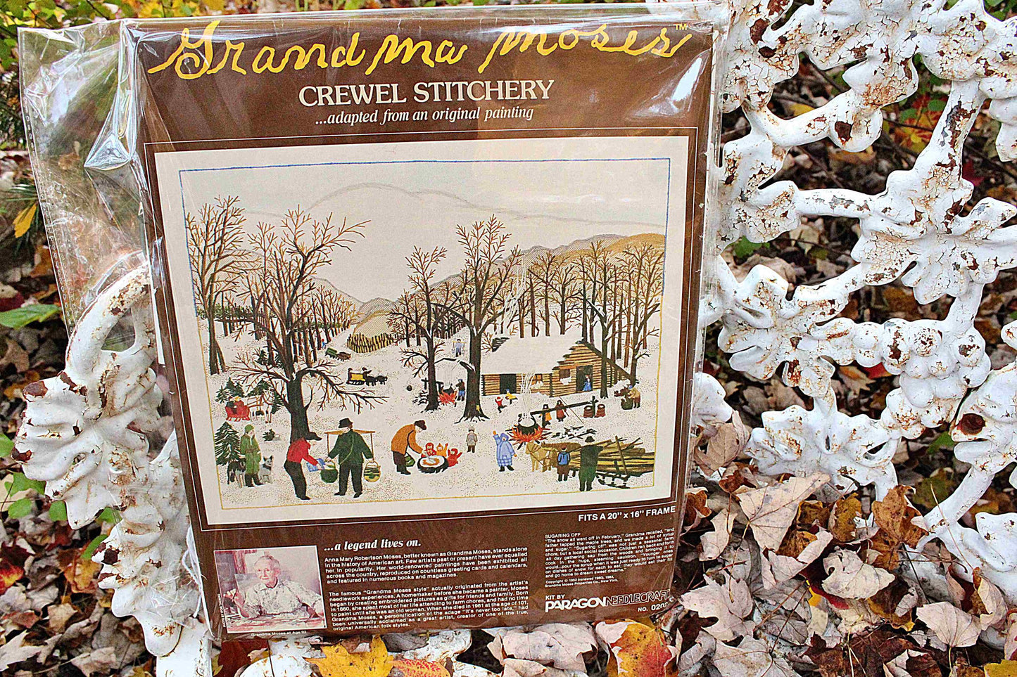 SUGARING OFF Crewel Stitchery Kit, Vintage Grandma Moses Design, Paragon Needlecraft Embroidery Kit # 0202 from 1983
