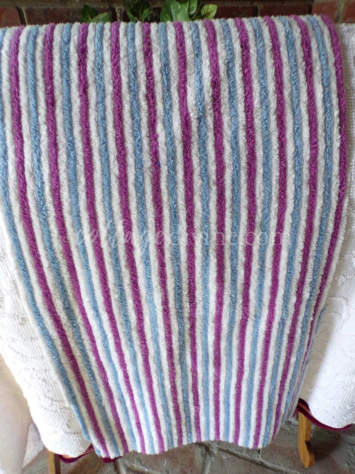 Blue Raspberry Striped Vintage Chenille Fabric, 18" x 24" Piece, Soft Plush Stripes