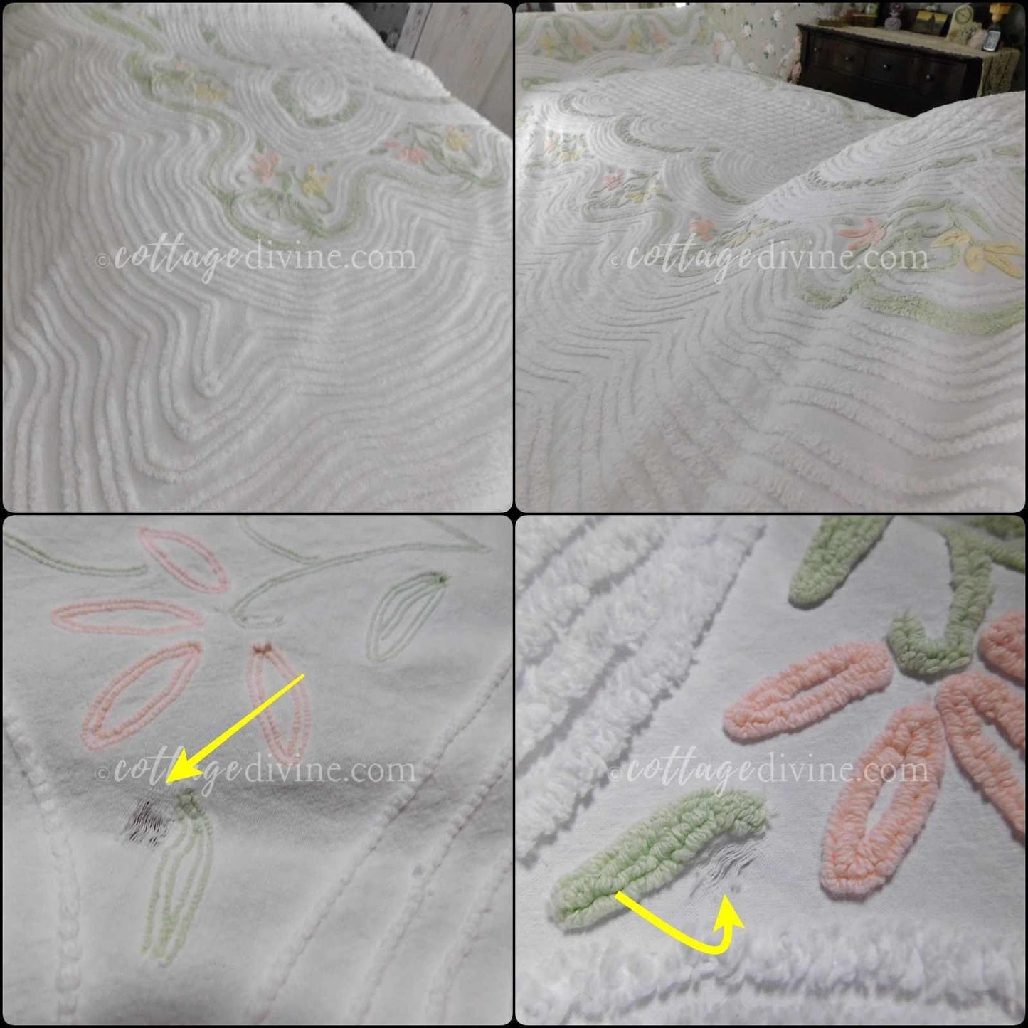 Coastal Bedding Floral White Vintage Chenille Bedspread, Full Size, Shabby Summer Cottage Style