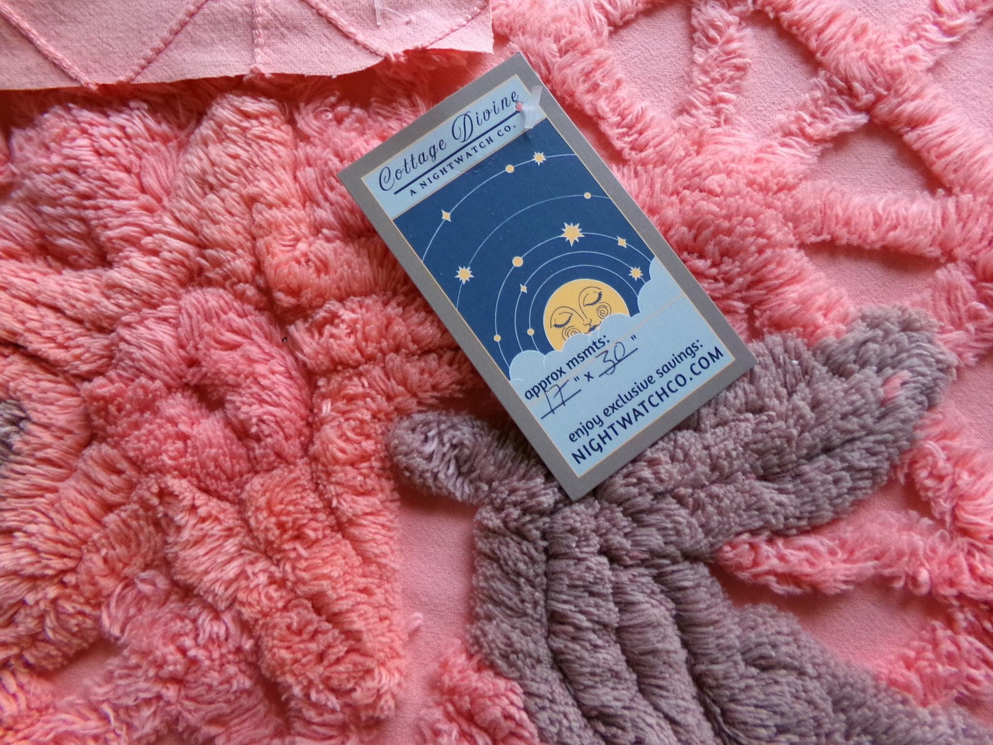 peach twinkles vintage chenille fabric panel in shabby starburst pattern, pretty sewing material for quilts & pillows, 30" x 17" inch piece