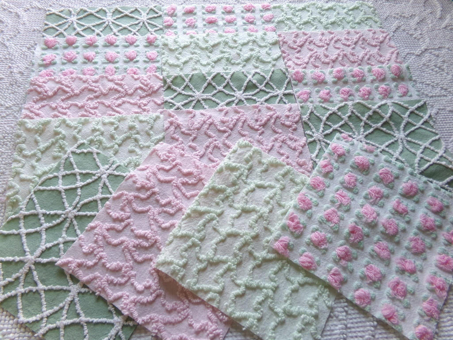 fairy garden chenille fabric squares, set of 16 vintage pink & green quilt blocks 6" ea, rosebud, squiggles for crafts, quilting