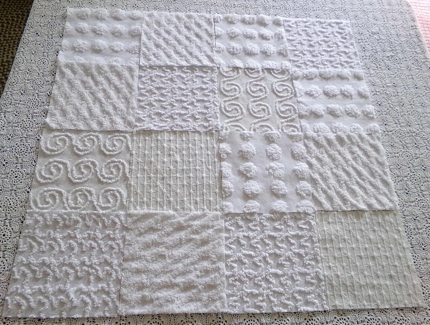serene snowfall vintage chenille fabric squares, set of 16 white 6" quilt blocks, upcycle in handmade quilts, sewing projects