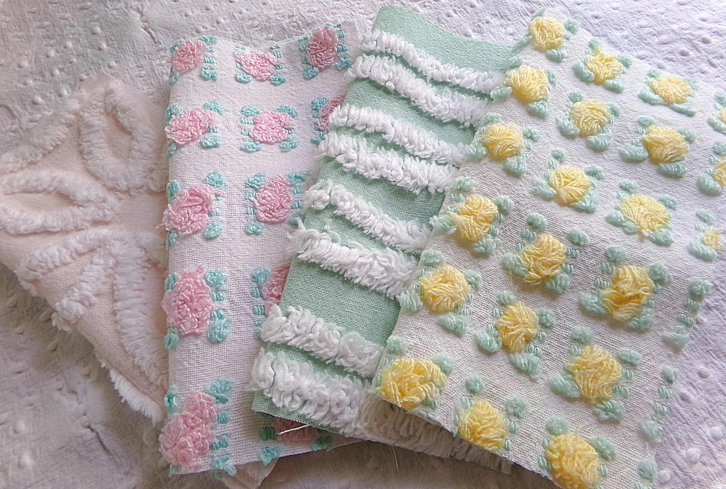 Chenille Squares Set, "Spring Bliss," 16 Vintage Fabric Quilt Blocks, 6" inch in White Daisy, Pink & Yellow Rosebud, Mint Green