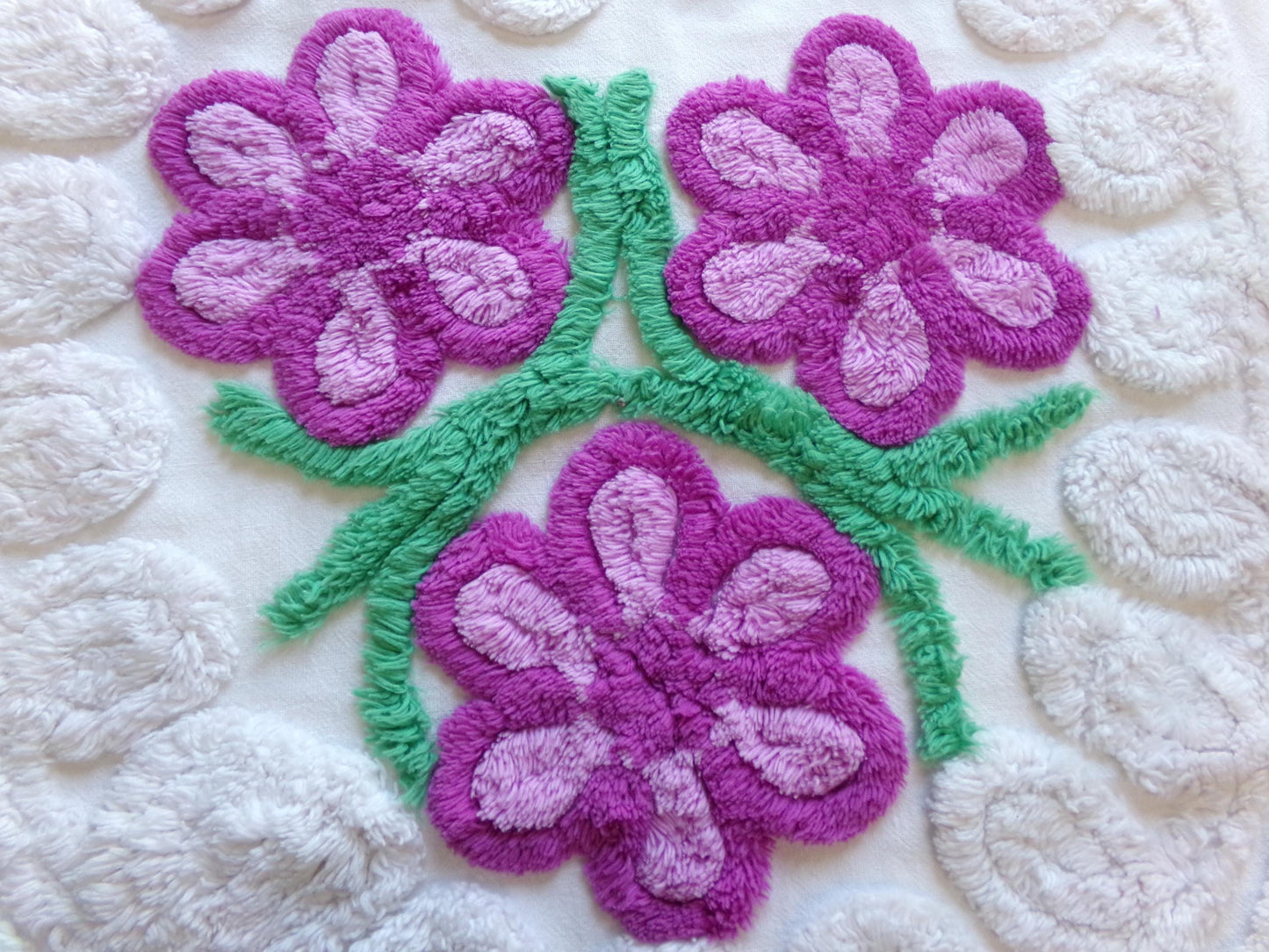 Lilac Garden Blooms Vintage Chenille Fabric, Pretty 22" x 20" Piece of Plush White Cotton Sewing Material Upcycle into Quilts & Crafts