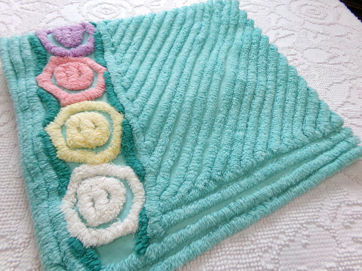 vintage plush aqua chenille fabric, rainbow lollipop roses design, 19" x 24" piece of sewing material