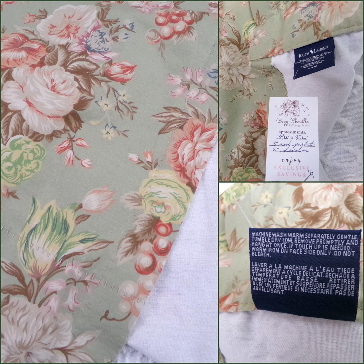 Ralph Lauren Charlotte SINGLE Curtain Panel, Vintage Sage Green Floral Window Drape, Classic Blue Label Print, USA Made Cotton
