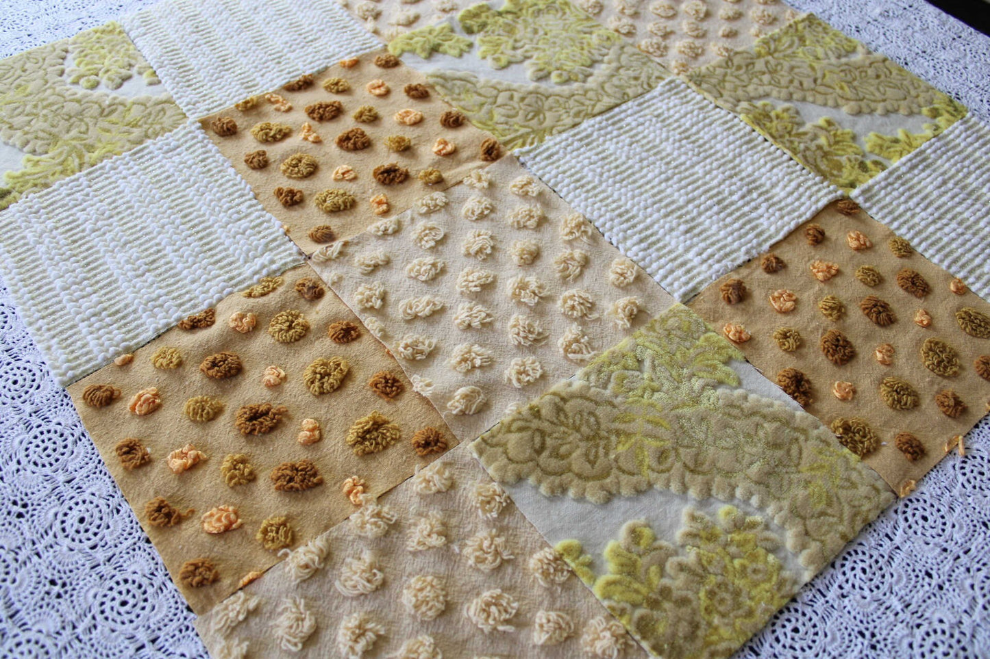 Chenille & Velvet Quilt Squares Set, "Sun Goddess", from Vintage Bedspread Fabric, 16 Blocks, 6" x 6" inches each, Earthtones