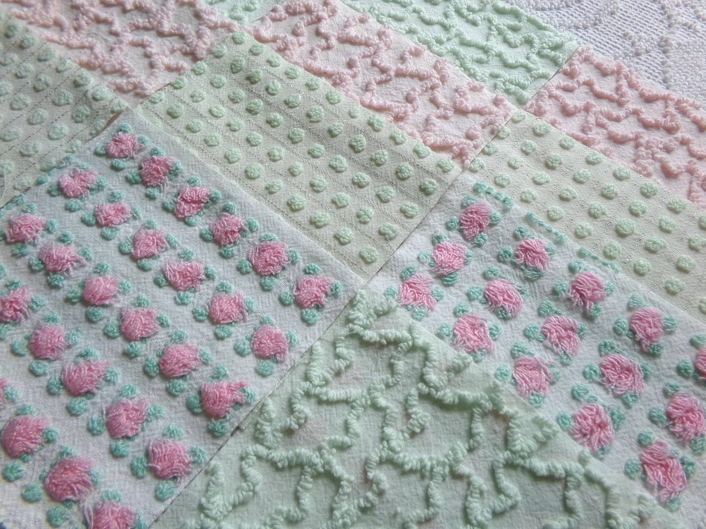 fairytale pink & green chenille fabric squares, set of 12 vintage 6" quilt blocks in crafty girl's dozen, popular squiggles, rosebud, dots