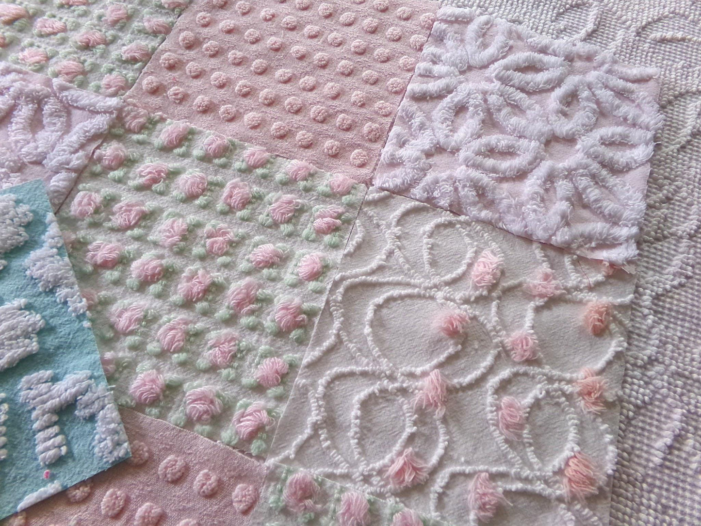 cottage garden chenille fabric squares, vintage craft square set of 17 quilt blocks, 6" x 6" inch, ideal in handmade chenille quilts, crafts