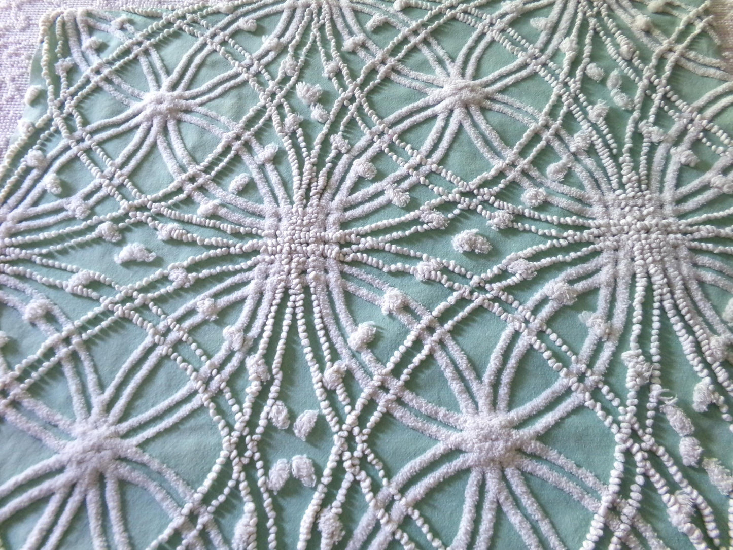 Striking Creamy Jade Green Vintage Chenille Bedspread Fabric, 19" x 23" inch Piece, White Spider Tuft Texturized Design