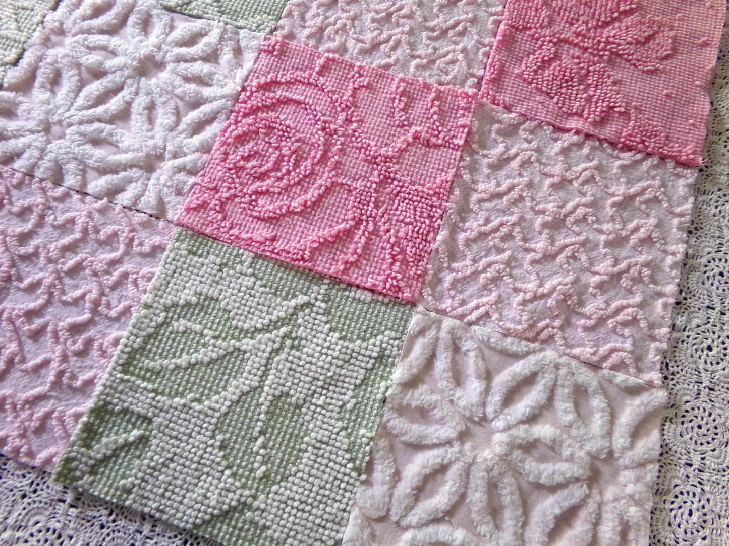 Flower Lady Vintage Chenille Squares, 16 Quilt Blocks, 6" inch in Sage Green, Petal Pink & Rose, from Chenille Bedspread Fabrics