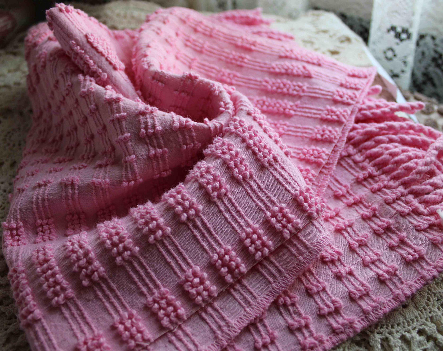 pink pearly pops vintage chenille fabric, 20" x 24" cut piece quilt material for sewing, crafts, upcycling, fun texture & unique design