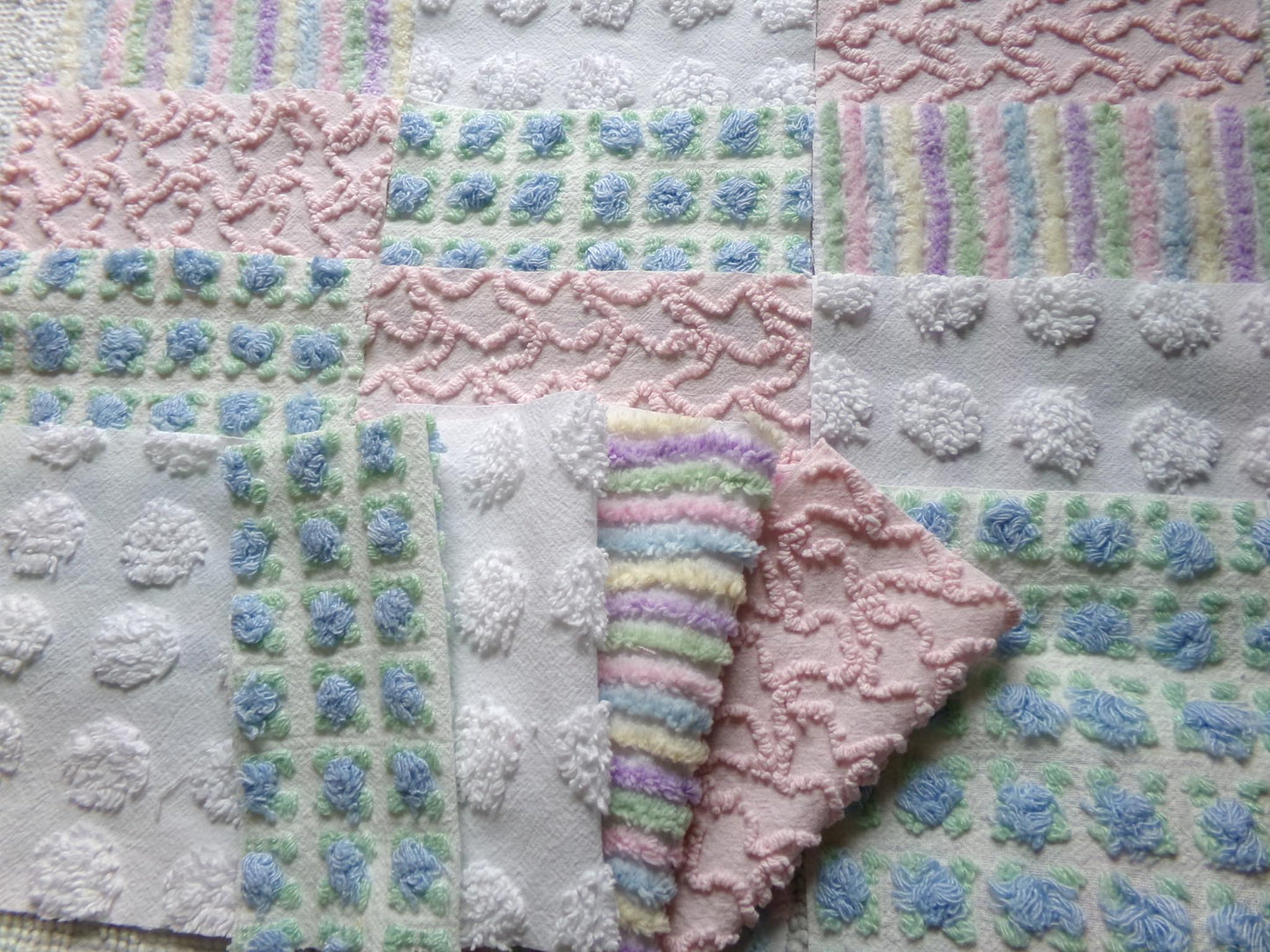 fairy fantasy chenille fabric squares, 16 vintage 6" quilt blocks in pastel rainbow, pink & blue rosebud, for sewing, crafts, fiber arts