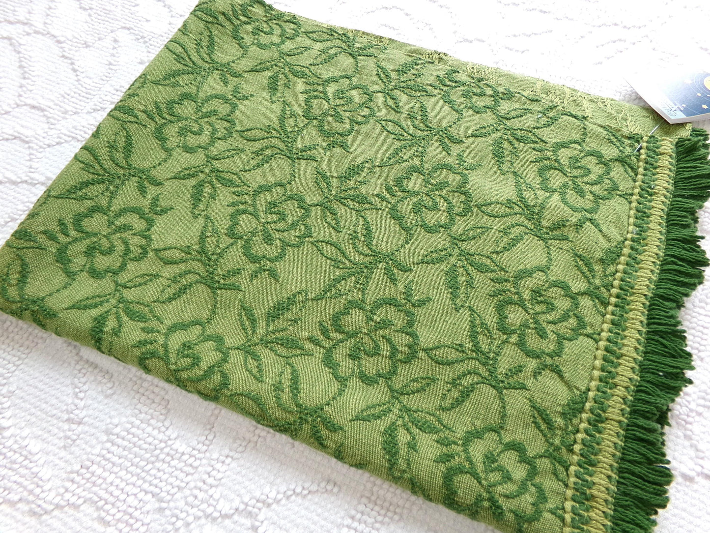 grecian green rose vintage woven fabric, gothic floral design w/ scallop fringe trim edge, 19" x 24" cut piece great for small bags