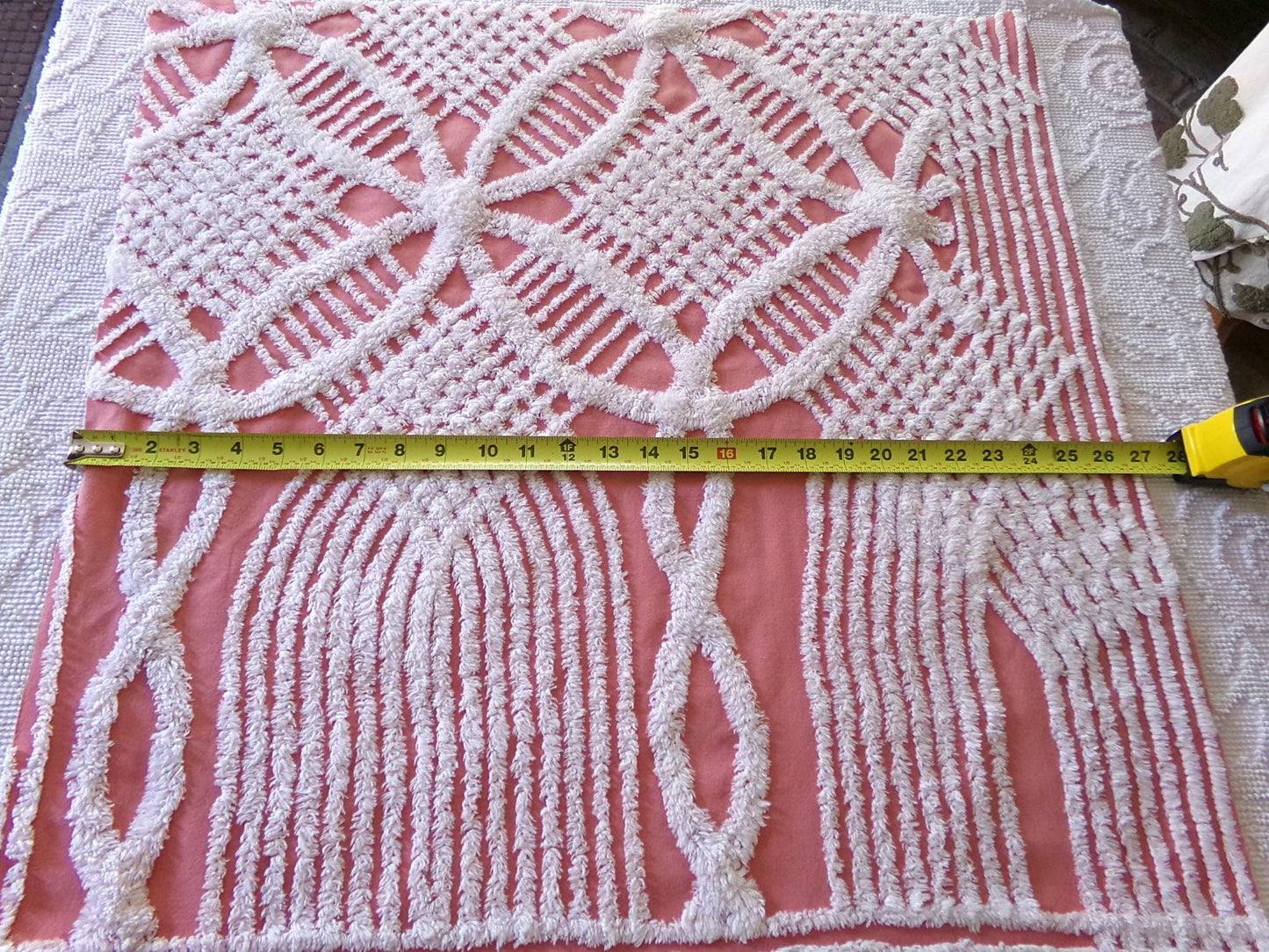 Unique Terracotta Rose Vintage Chenille Fabric, 29" x 27" Inch Piece, White Geometric Designs