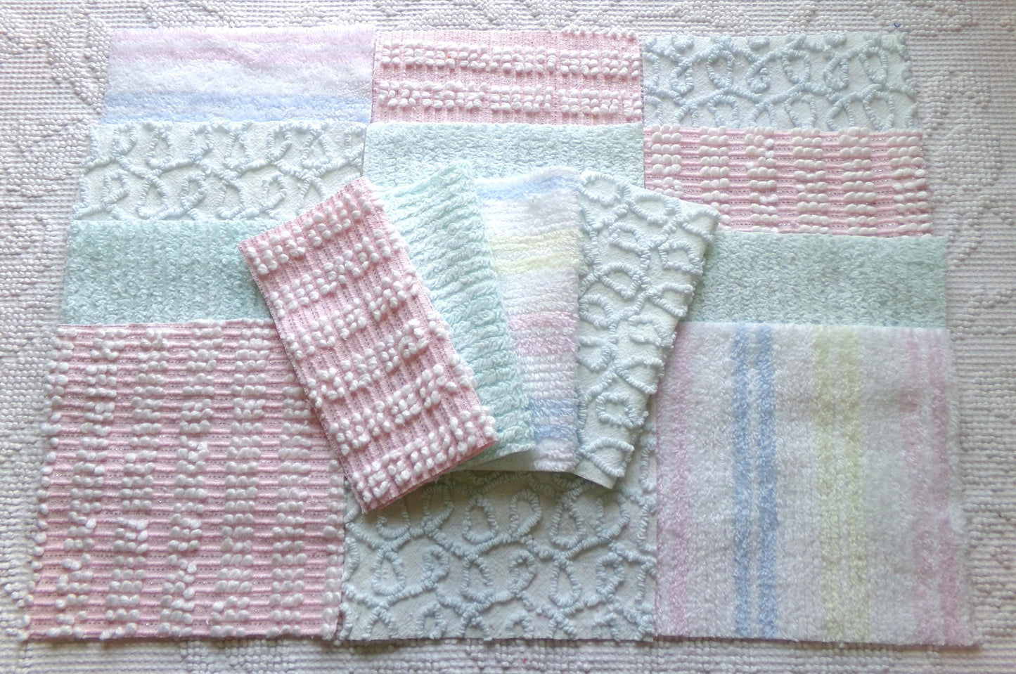 vintage chenille fabric squares, "summer rainbow" set of 16 pastel 6" quilt blocks, gentle geometric patterns, for quilting, crafts & sewing