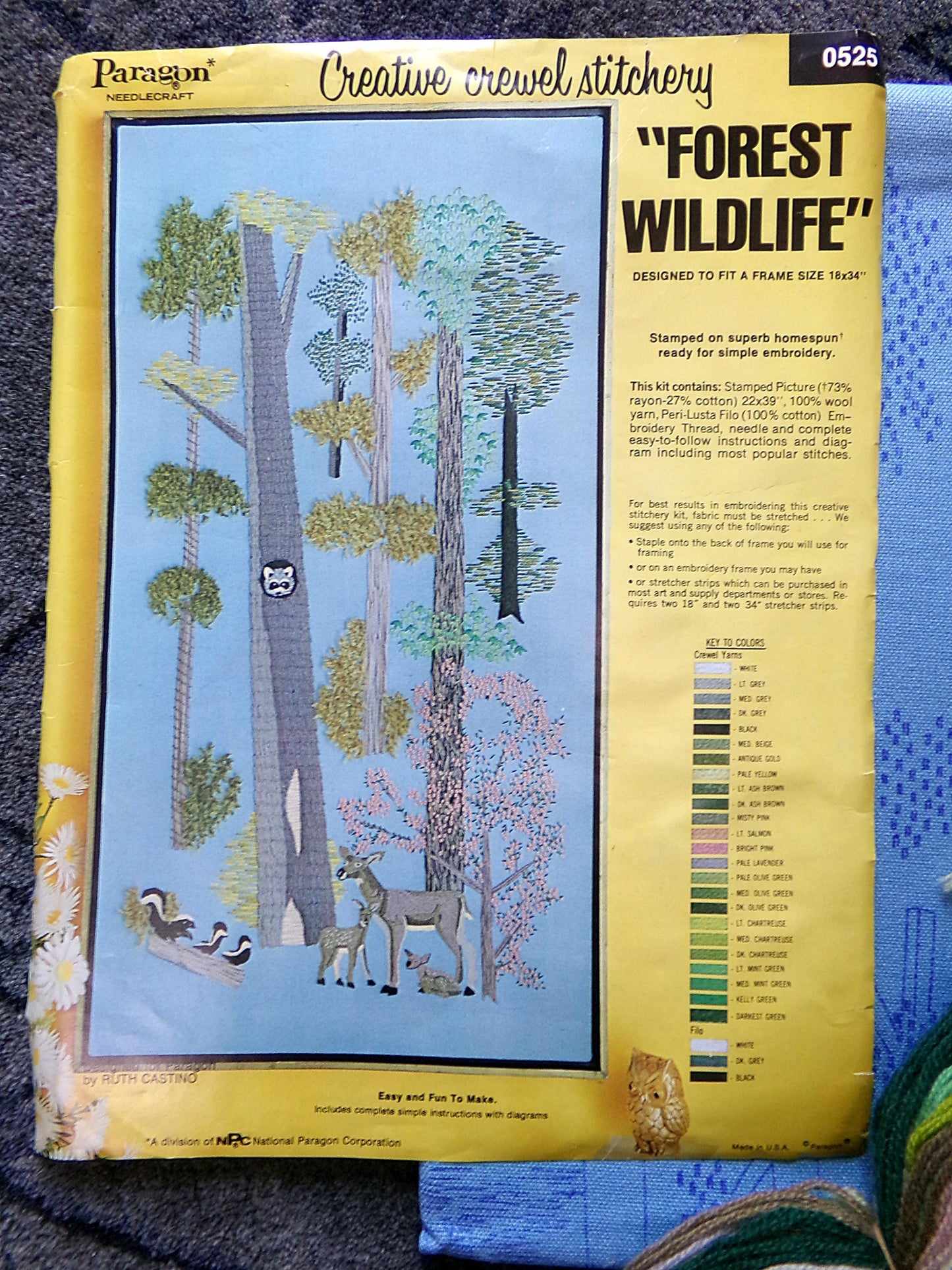 FOREST WILDLIFE Vintage Crewel Embroidery Kit 70s Hippie Wall Hanging, Paragon Needlecraft Stitchery, Kit# 0525, Design by Ruth Castino