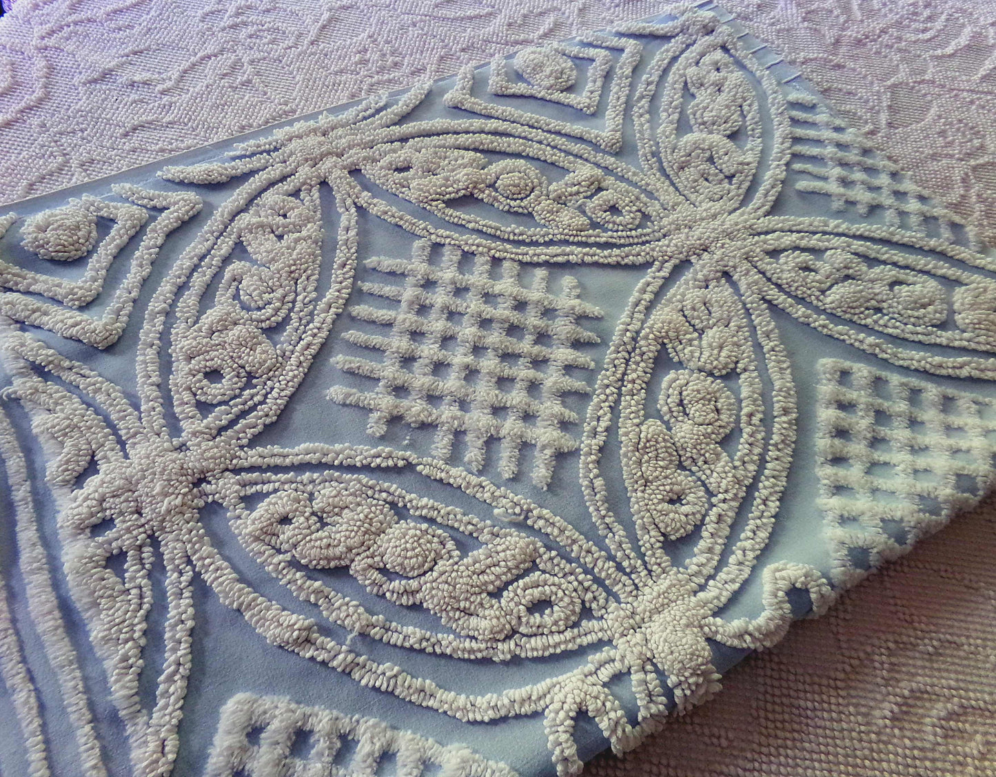 Shabby Chic Vintage Fabric, Porcelain White Rose Floral Chenille on Cloud Blue Cotton, 24" x 30" inch Piece, So Pretty in Pillows & Quilts