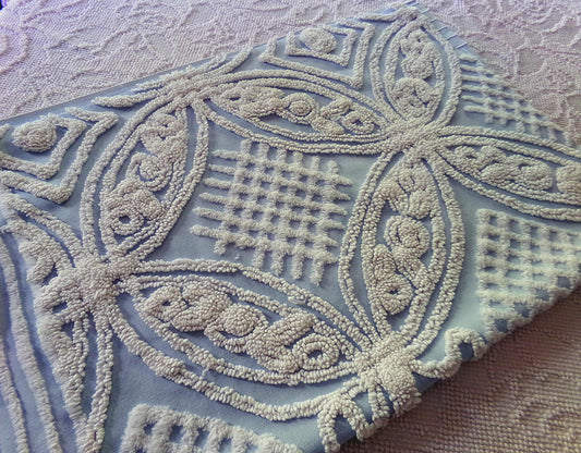 Shabby Chic Vintage Fabric, Porcelain White Rose Floral Chenille on Cloud Blue Cotton, 24" x 30" inch Piece, So Pretty in Pillows & Quilts