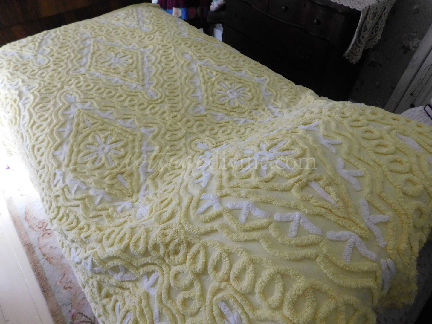 Chenille Bedding, Delicious Lemon Chiffon Vintage Chenille Bedspread, Integrated Ruffle Skirt, Fitted Full Size
