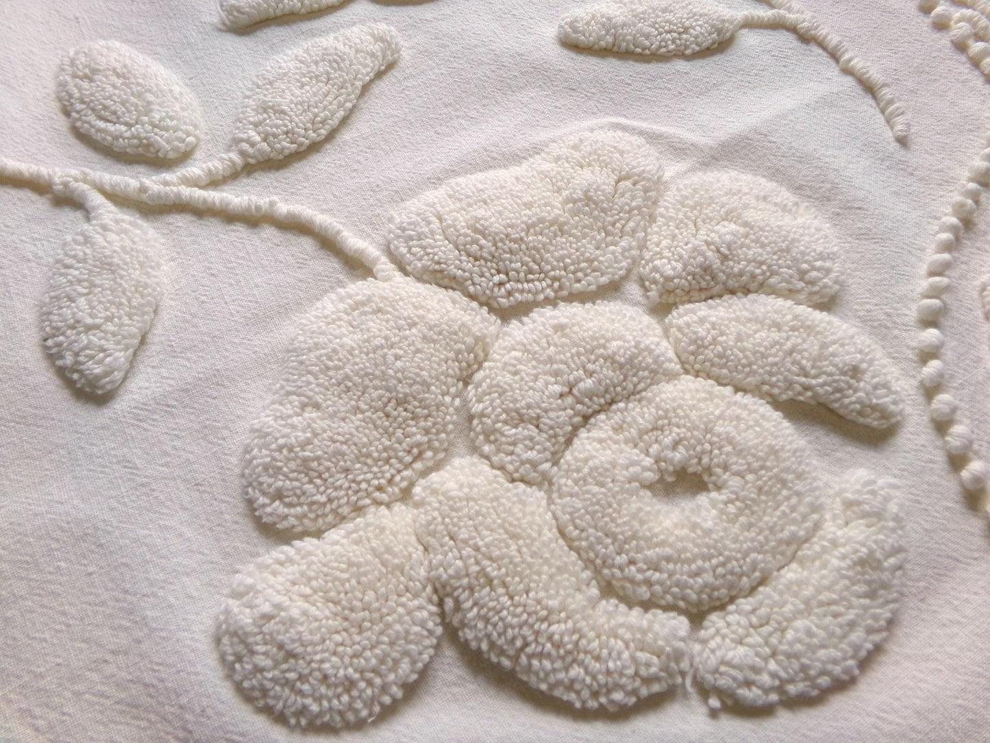 stylized ivory roses vintage chenille fabric, 100% cotton 16" x 21" cut piece w/ sprawling heavily tufted rose design for crafts, sewing