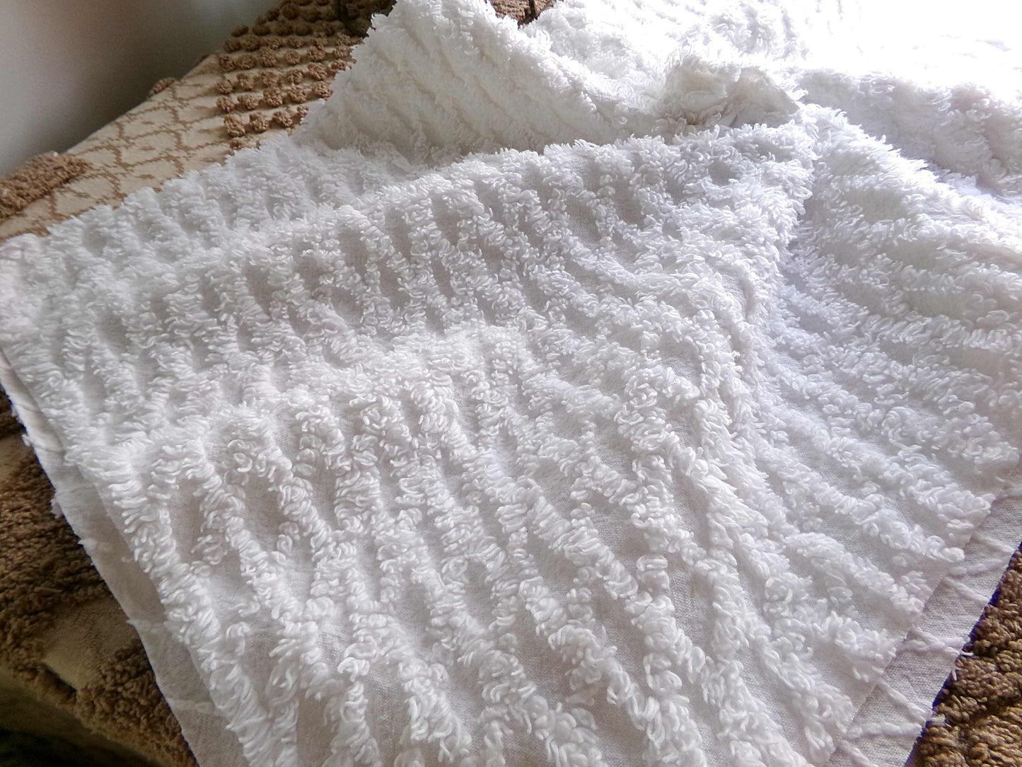 White Lattice Vintage Chenille Fabric, Simple Diamond Design, 18" x 24" inches Piece, 100% Cotton