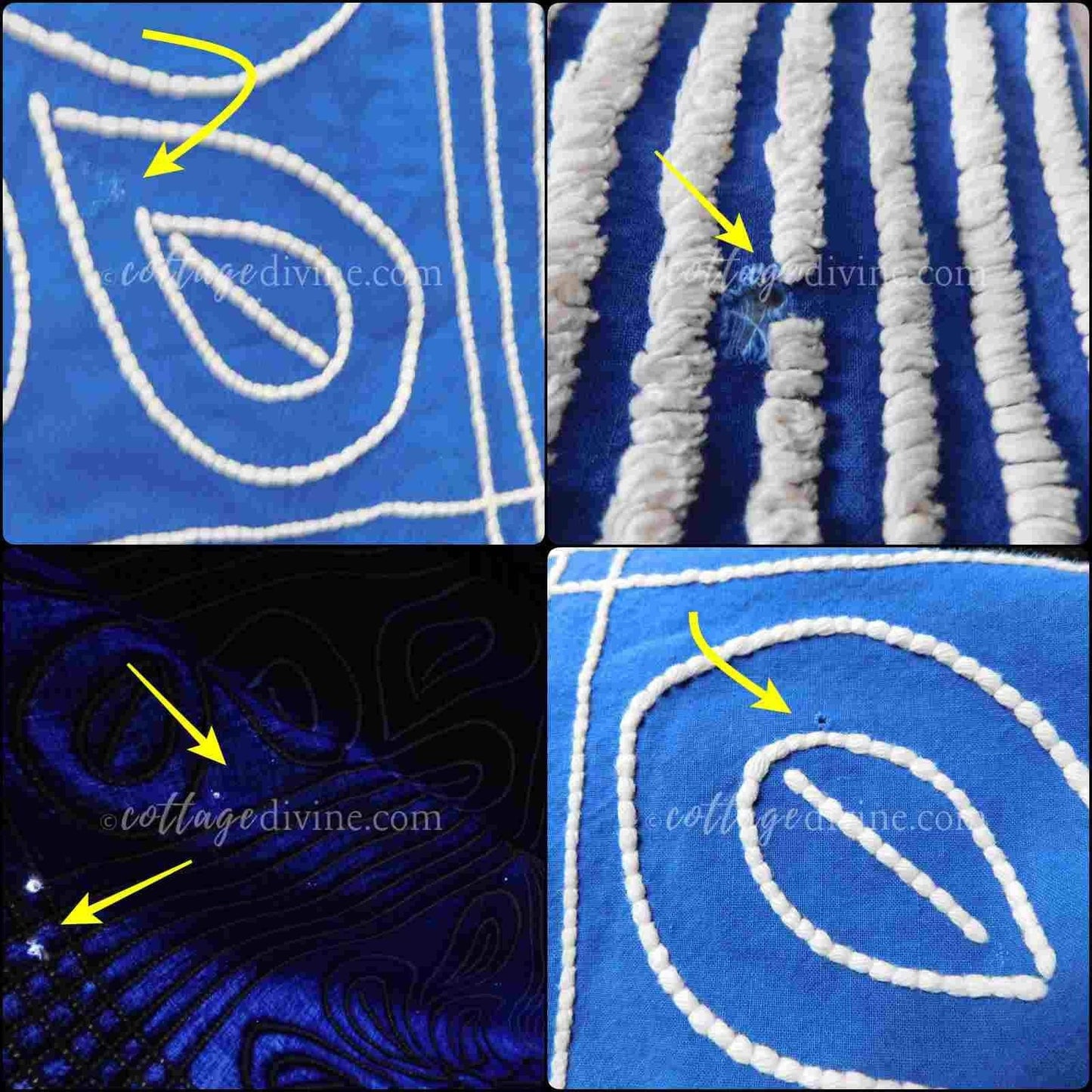 Shabby Chic Coastal Cottage Royal Blue Bold Floral Vintage Chenille Bedspread, FULL, Cotton