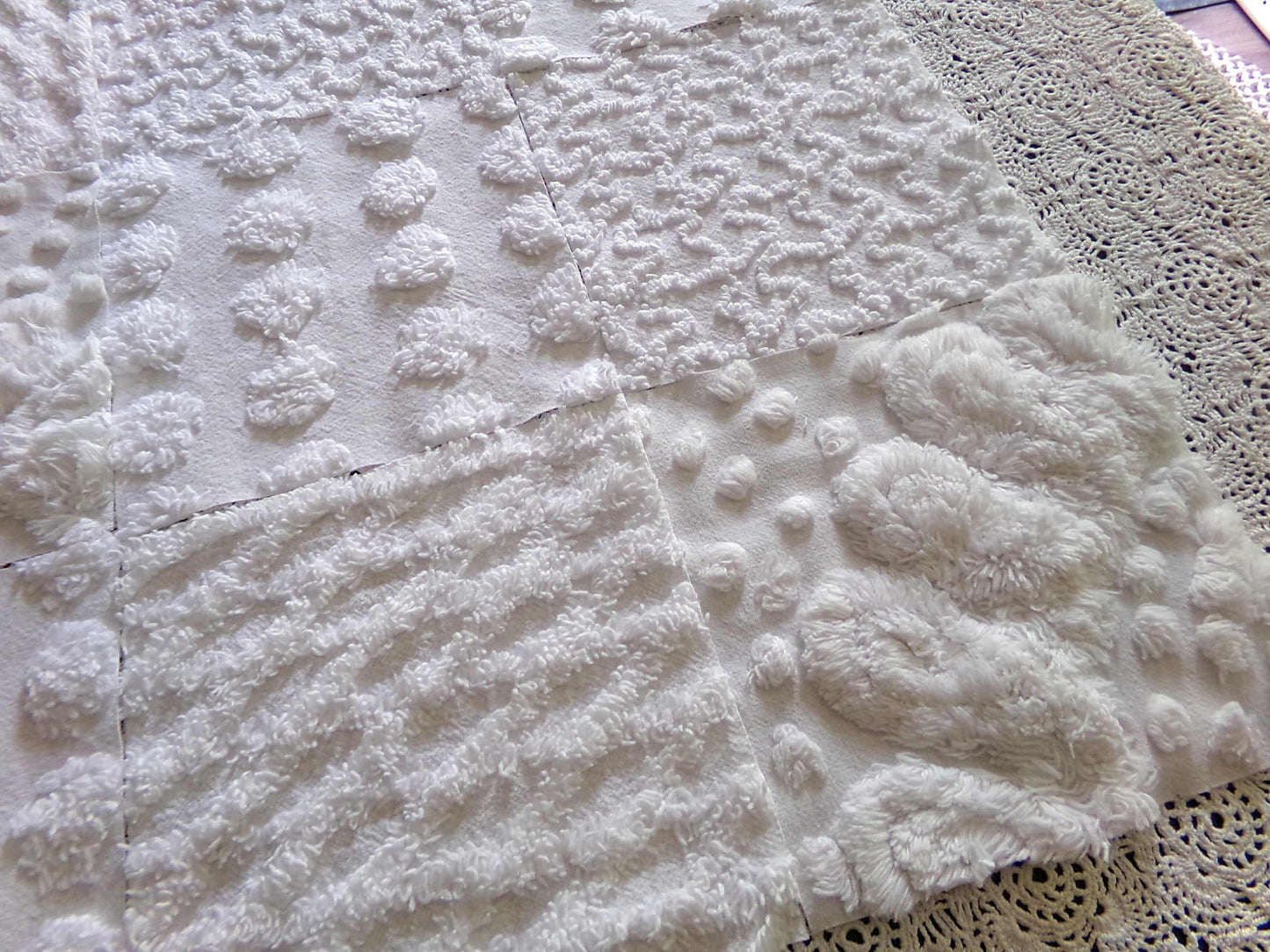 snow day white chenille fabric squares, 16 vintage 6" x 6" quilt blocks, pops, squiggles, diamond lattice & swirls