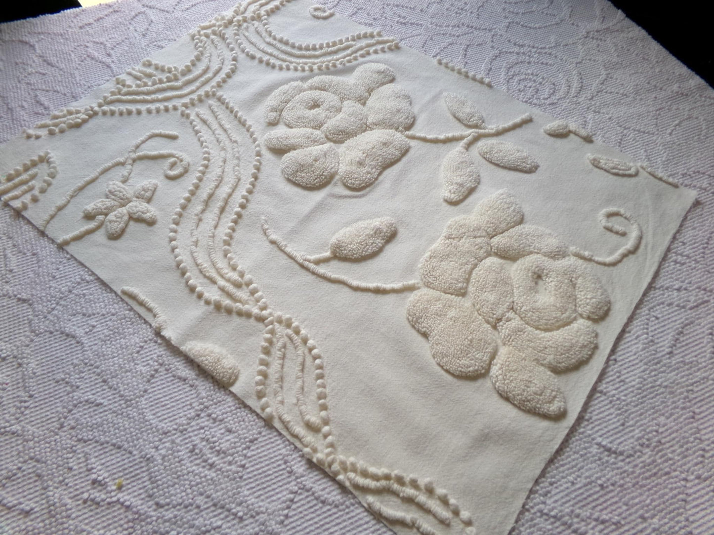 stylized ivory roses vintage chenille fabric, 100% cotton 16" x 21" cut piece w/ sprawling heavily tufted rose design for crafts, sewing