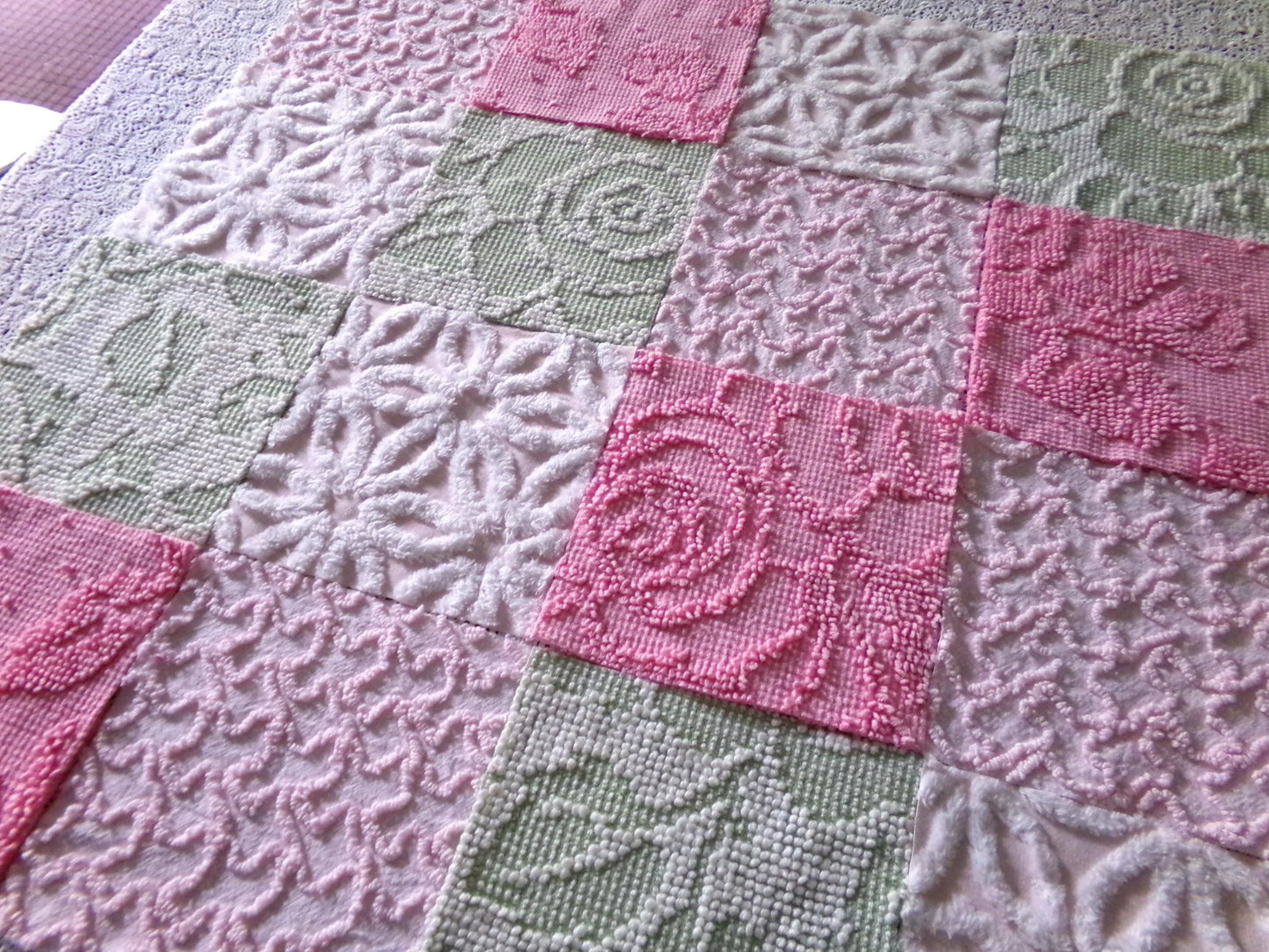 Flower Lady Vintage Chenille Squares, 16 Quilt Blocks, 6" inch in Sage Green, Petal Pink & Rose, from Chenille Bedspread Fabrics