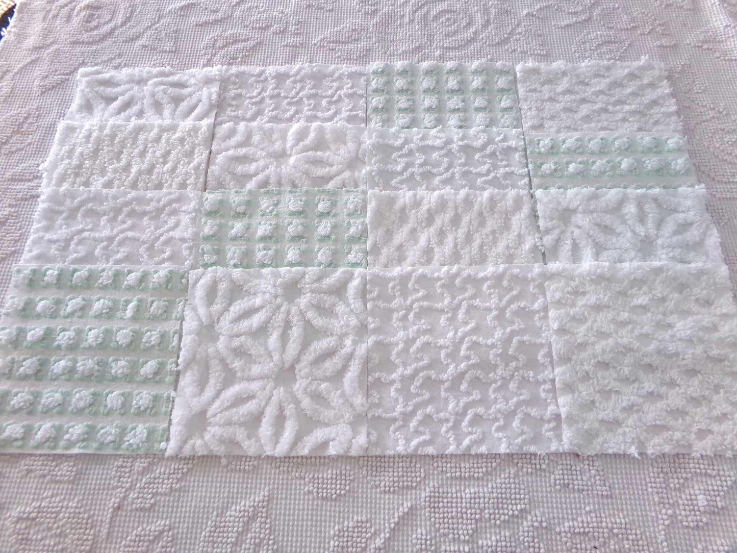 winter rose chenille fabric squares, white rosebud, daisy & geometric mix, vintage craft square set of 16 quilt blocks, 6" x 6" inch