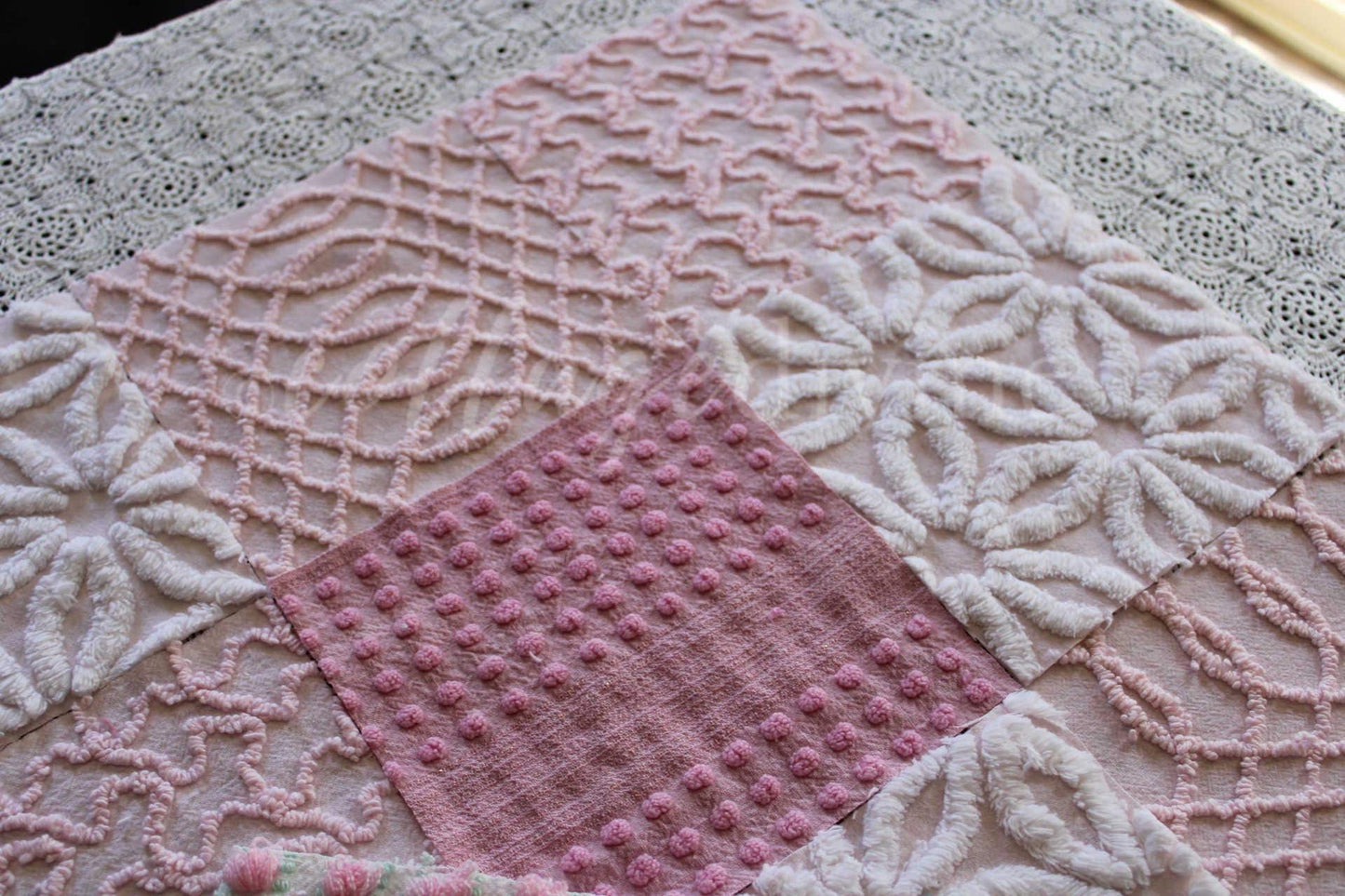 Prettiest Pink Quilt Squares, Daisy Rose Craft Square Set from Vintage Chenille Bedspread Fabric, 17 Blocks, 6" x 6" inch