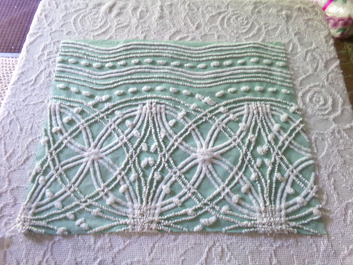 spiderweb jade green vintage chenille fabric, unique texturized web pattern on this 18" x 23" inch piece of sewing material