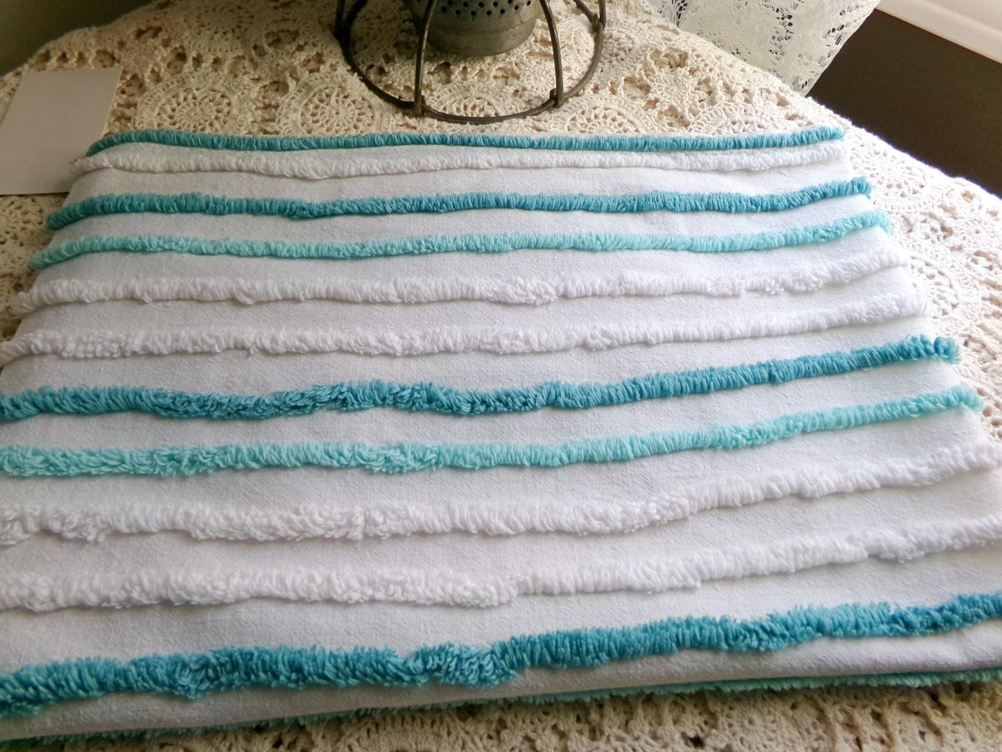 chic coastal cottage vintage chenille fabric, aqua, teal & white striped sewing material for chenille quilts, crafts, 17" x 27" inch piece