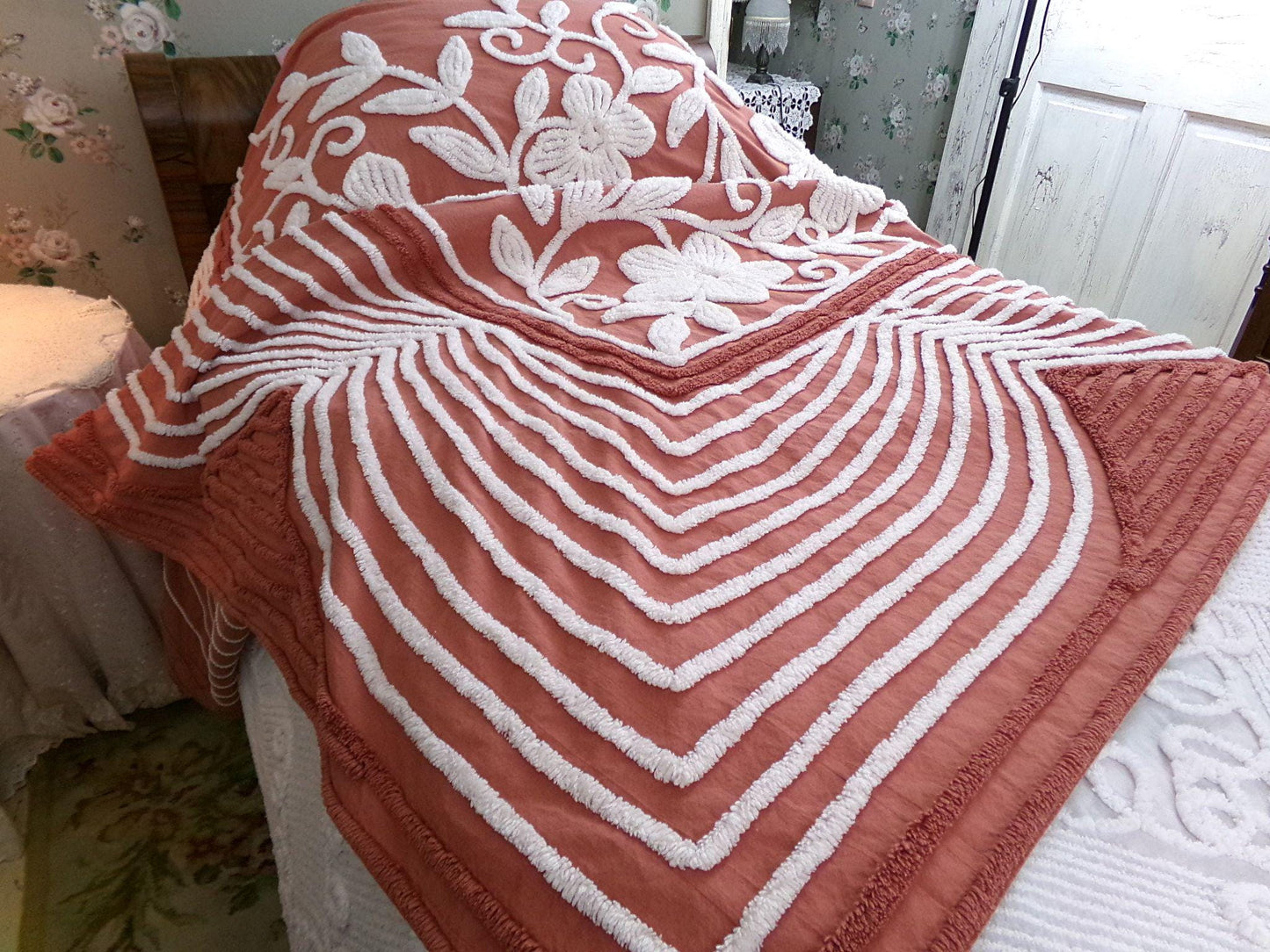 boho floral chenille bedspread, white climbing showy flowers on rusty terracotta vintage hippie 1970s style bedding