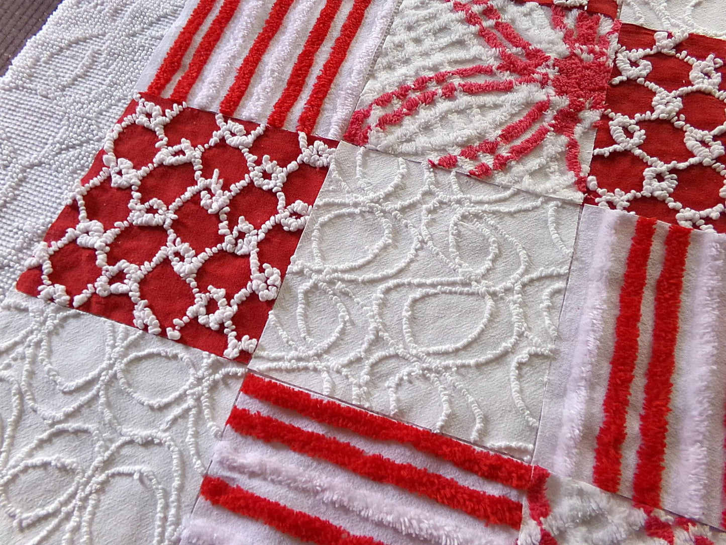 candy canes chenille fabric squares, red & white vintage craft square set of 16 blocks, 6" x 6" inch, great for Christmas stockings