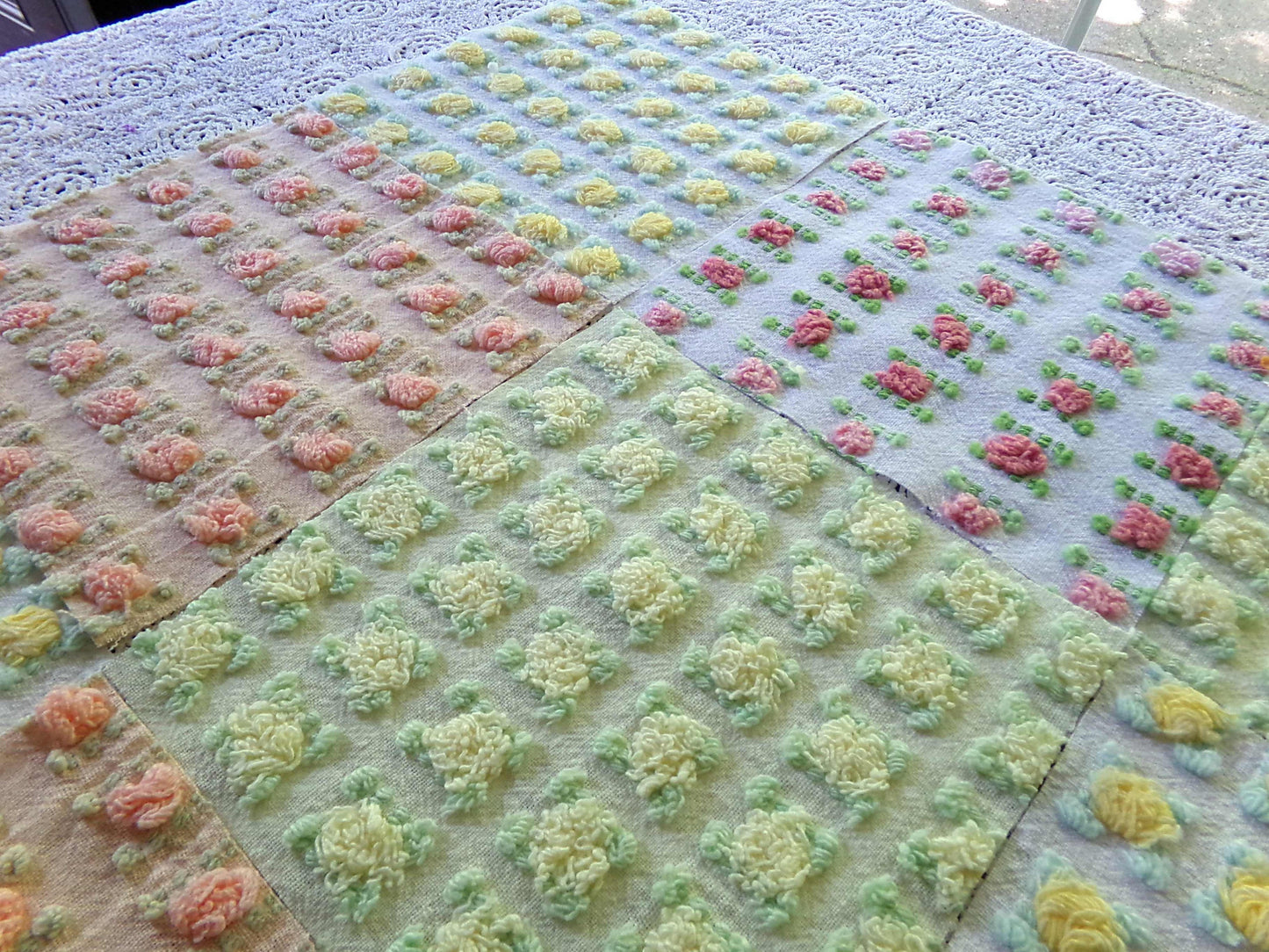 Sunrise Rosebud Chenille Quilt Squares Set, from Vintage Bedspread Fabric, 16 Blocks, 6" inch, in Yellow, Peach, & Ombre Pink Roses