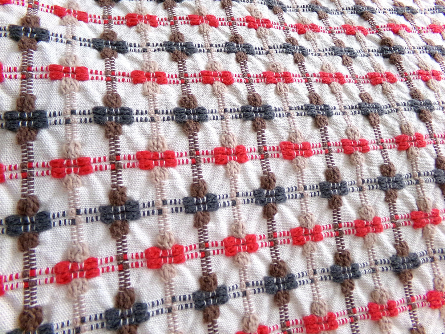 little bow tie vintage woven fabric w/ intersecting chenille cross ties in red, charcoal, mocha & brown, 20" x 24" cut piece sewing material
