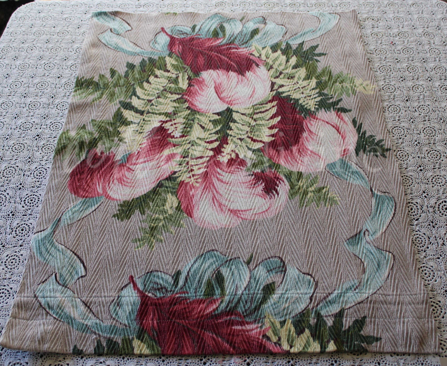 Fabulous Pink Plume Vintage Barkcloth Fabric, 18" x 25" inch Piece, Botanical Floral Print on Cool Grey, Great for DIY Pillows