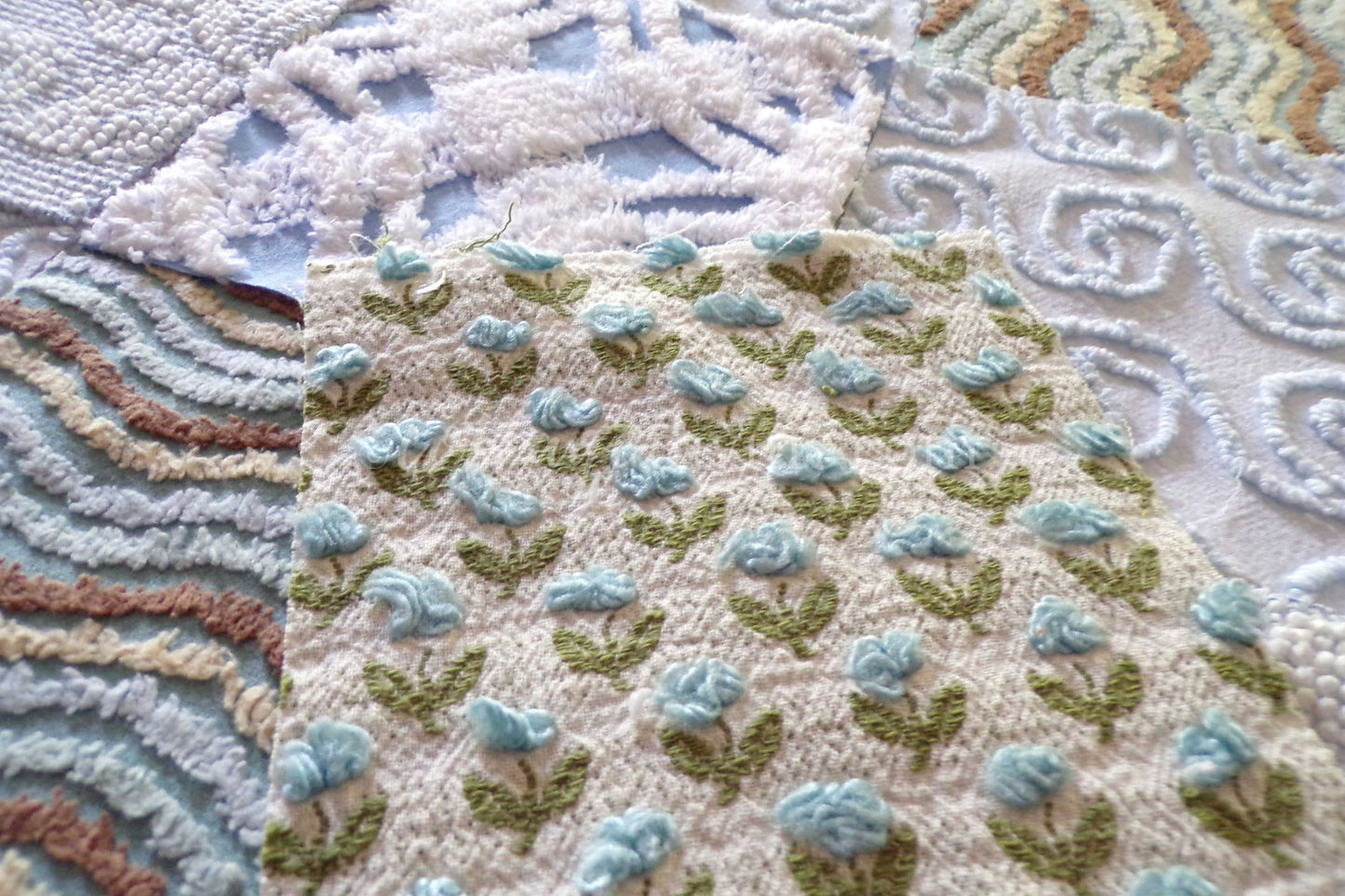 Breezy Blues Fabric Squares from Vintage Chenille Bedspread Fabrics, 17 Blocks Set, 6" x 6" inch, for Slow Stitching, Junk Journals, Quilt
