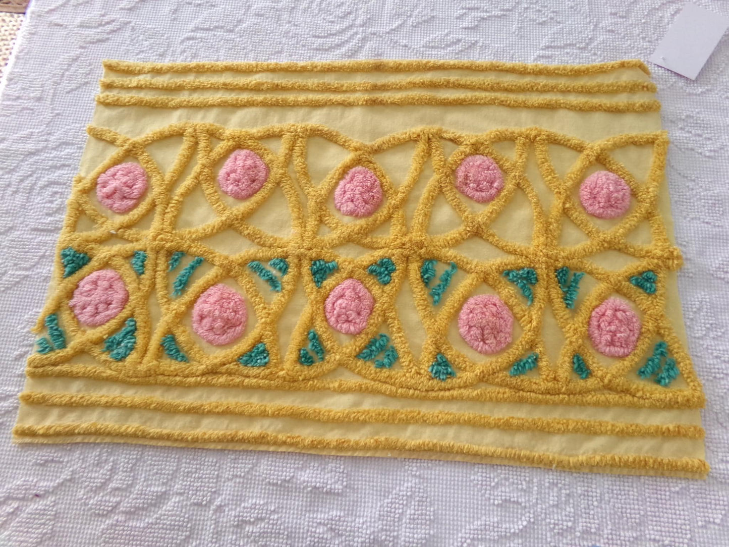 fairytale rose vintage chenille material, lovely quilt fabric, or for pillows, wall hangings, 15" x 23" piece, golden yellow & pink roses